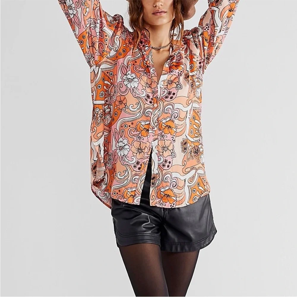 Free People Serena Printed Button Down Silky Floral Boho 70’s Top Blouse Shirt - Picture 1 of 13
